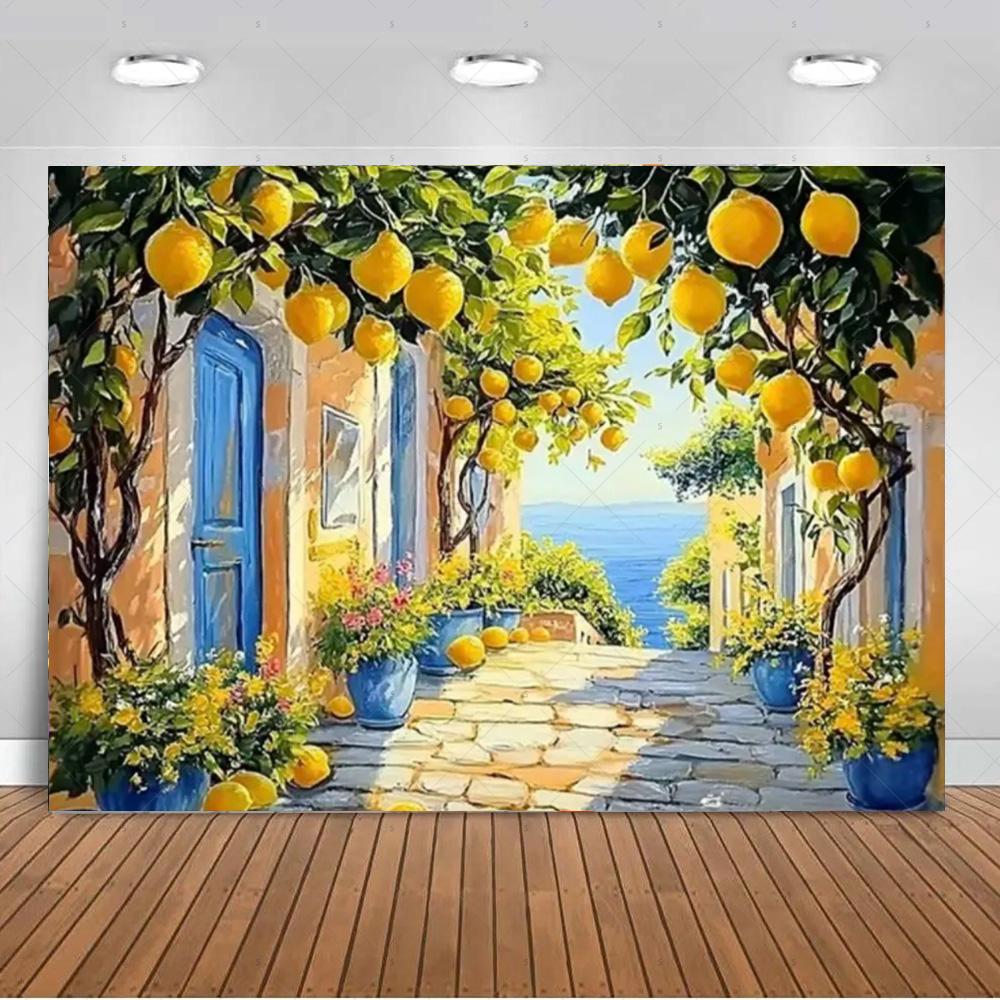 Seaside Town Lemon Tree Background Banner Open Window Landscape Backdrop Supplies Photography Prop Birthday Party Decorations