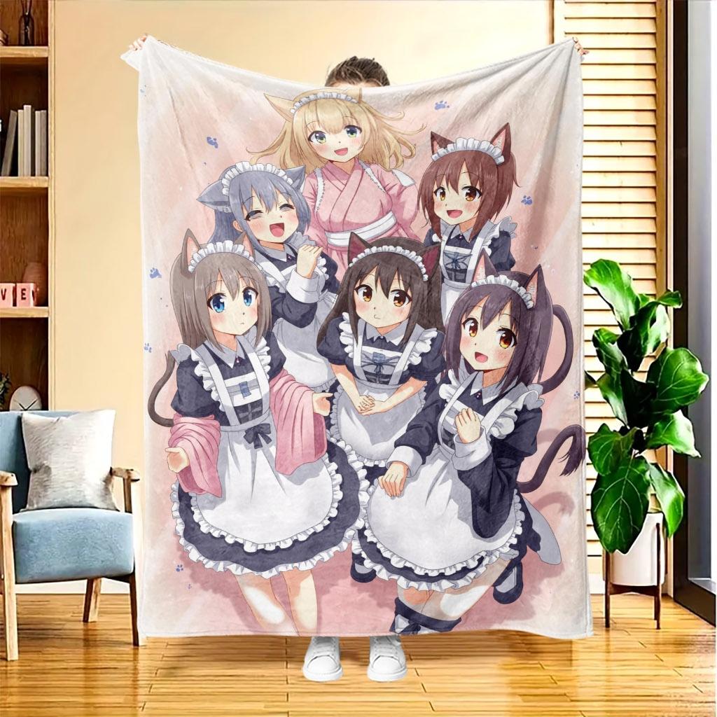 Soft Flannel Throw Blanket With 2D HD Neko Maid Servant Anime Print, Lightweight Warm Decorative Blanket For Bedroom Sofa Travel