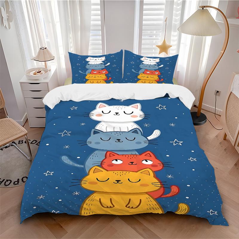 

3pcs Cat Night Soft Comfortable Bedding set, For Bedroom, Guest Room And Dorm, All - Season Use, High-Definition Printing107 135x200cm