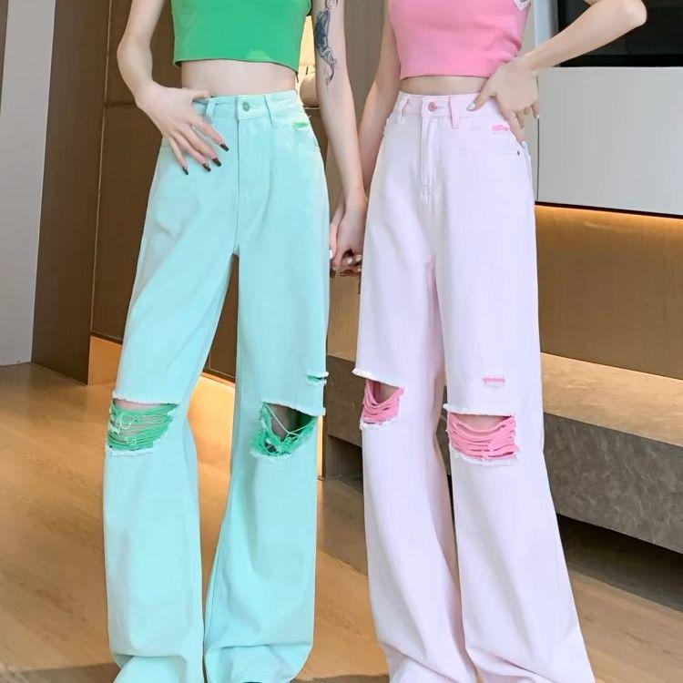 

Women s Light Pink Distressed Wide-Leg Jeans - High-Waisted, Loose, Versatile, Straight-Leg, Floor-Length Summer Pants L recommended 106-115 lbs