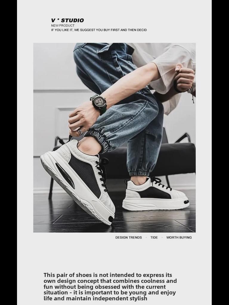 Schwarze Shell Toe Sneakers aus Leder für Herren – Dicke Sohle, trendige Herbst-Sportschuhe