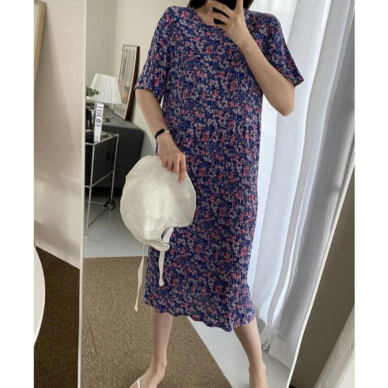 Summer Women Dress Small Flower Print Crew Neck Loose Short Sleeves Pleated Mid-calf Length Pullover Shopping Midi Dress