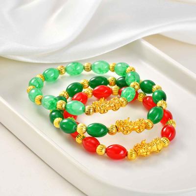 Luxury Imitation Jade Gold-plated Pixiu Charm Bracelet, Metal Beads Chain Luck Wealth Bangle, Fashion Jewelry Christmas Day Gift