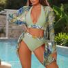 Sexy Three-piece Sunscreen Shirt Long-sleeved Print High-waisted Beach Bikini