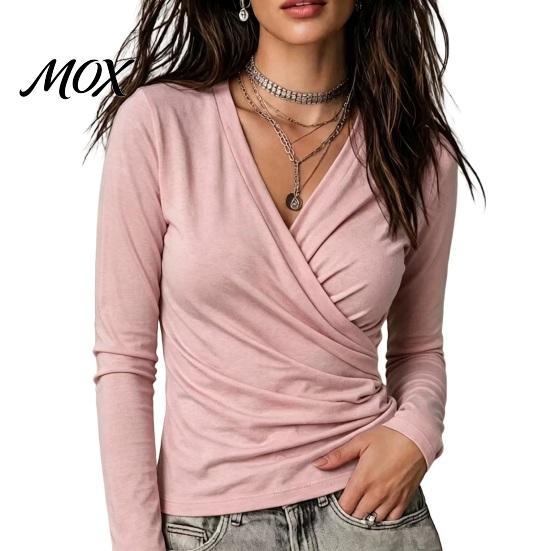 Skin Friendly Workwear Cross V-Neck Long Sleeve Top for Women, Slim Fit Sexy Relaxed Travel Clothing Pleated Shirt, Fall Solid Color Casual