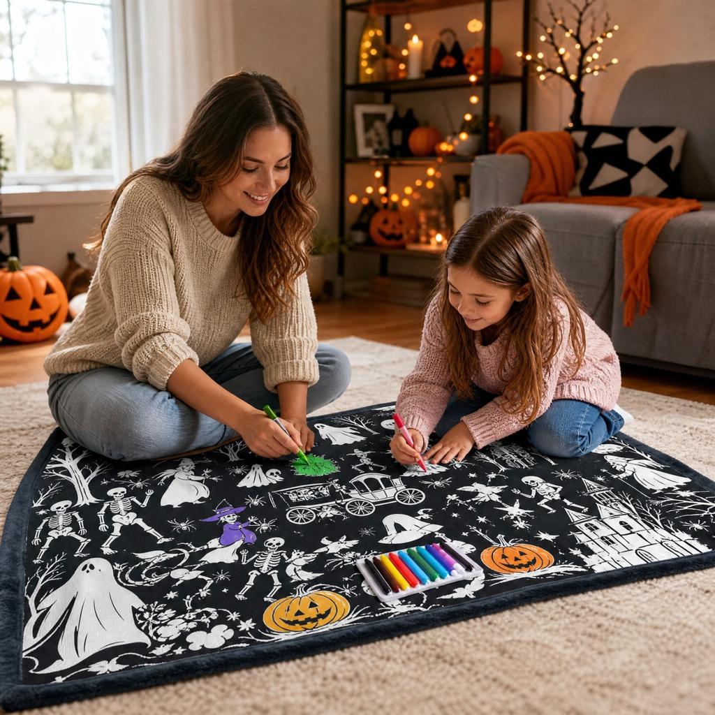 Kids Halloween Doodle Drawing with Markers, 130150 Cm Large Coloring Blanket for Children Family Activity