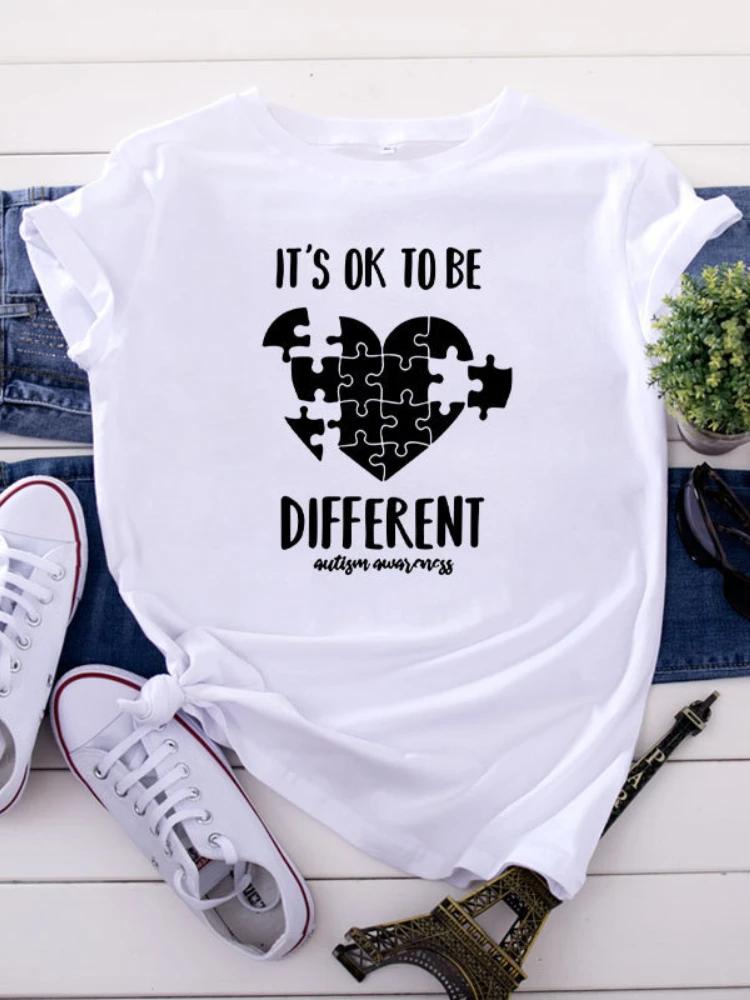 Be Different Jigsaw Heart Print Women T Shirt Short Sleeve O Neck Loose Women Tshirt Ladies Tee Shirt Tops Camisetas Mujer