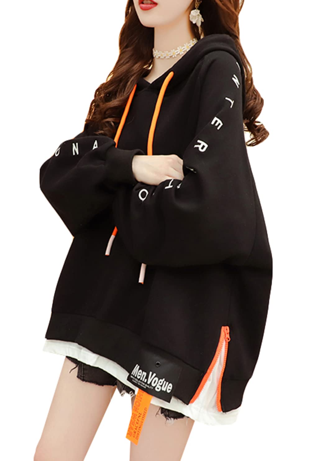 

BEIBANG Women s Hooded Sweatshirt, Long Sleeve, Loose Fit, Layered Style, Pullover Top, Casual Outerwear, Flattering, Spring/Autumn (Black, Size 16)