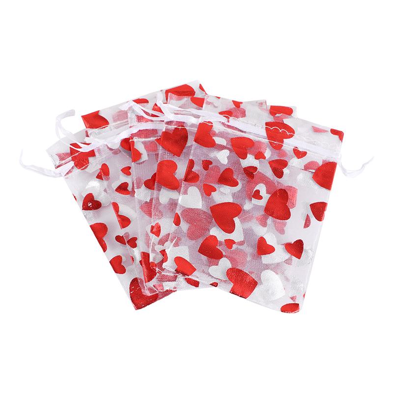 50 Pcs Red Love Heart Organza Bags Satin Drawstring Valentine's Day Christmas Candy Jewelry Bags Pouches Wedding Party Birthday