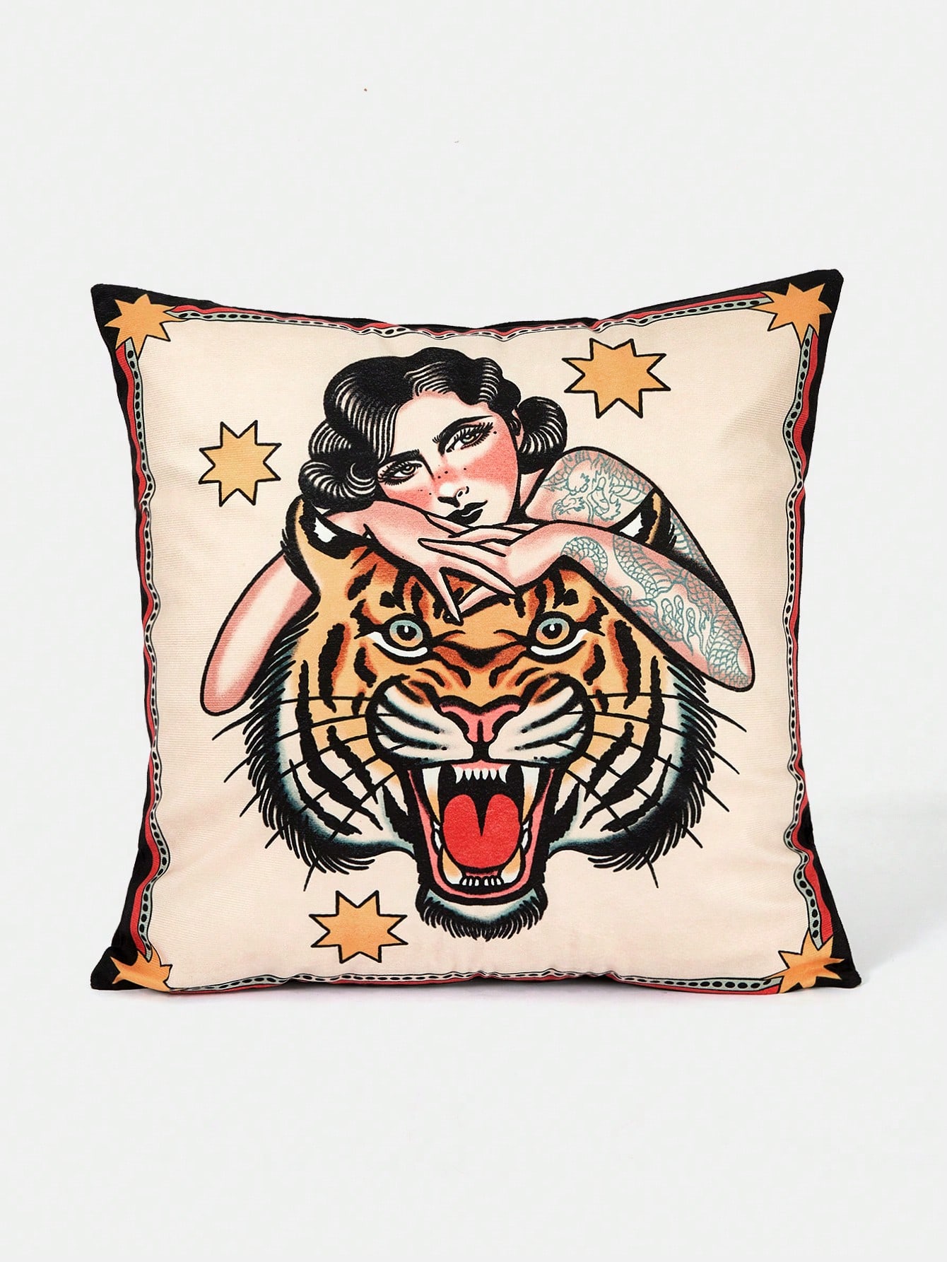 Vintage Tiger Pillowcase Tattoo Art Style Cushion Cover Pin Up Girl Print Old School Rockabilly Decor Star Pattern Throw Pillow 40x40 cm