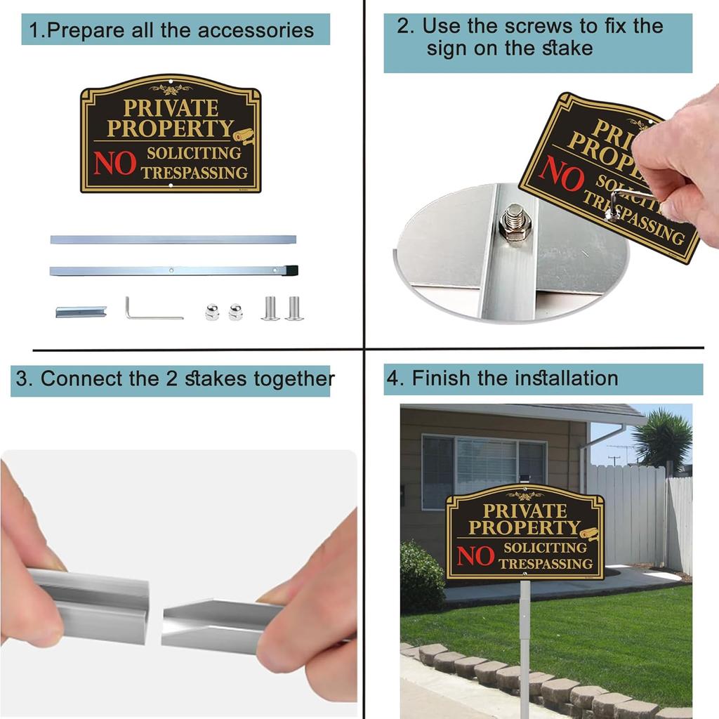 Private Property No Trespassing Sign, 12" x 8" No Soliciting Sign Aluminum with 28" Tall Alloy Stake for Easy Installation, Rust-Free& Fade Resistant
