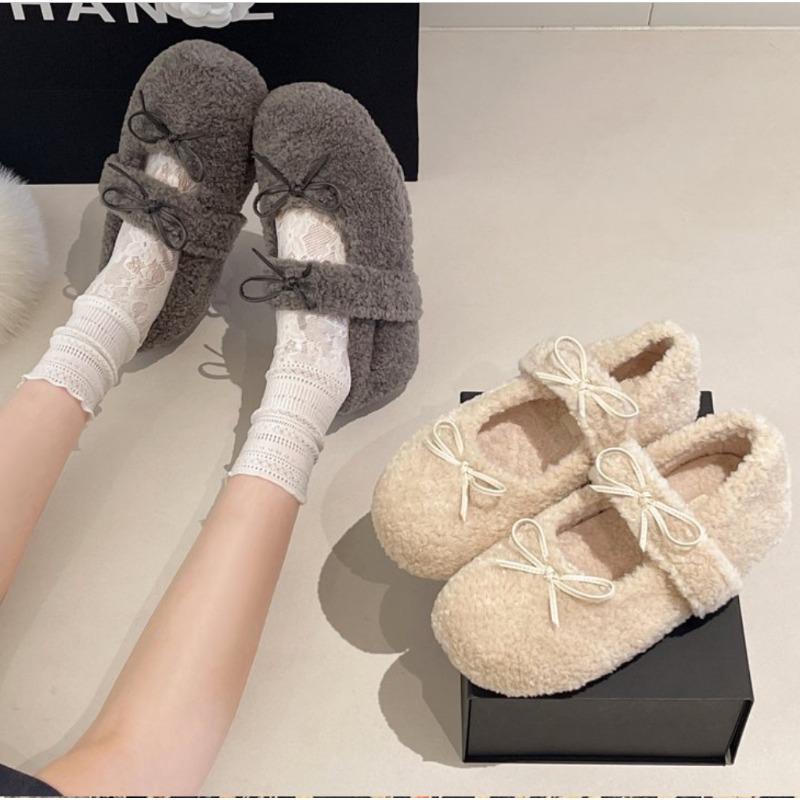 Fashion Women Fur Internal Increase 5CM Flat Shoes Winter Warm Plush Mary Jane Shoes Elegant Woman Soft Soled Bowknot Shoes