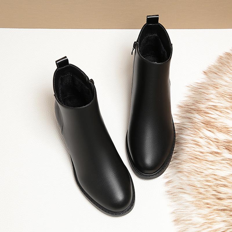 Winter Medium Heel Women's Short Boots Black Velvet Work Shoes Thick Heel, Martin Boots Professional Women's Shoes Soft Leather Cotton Shoes