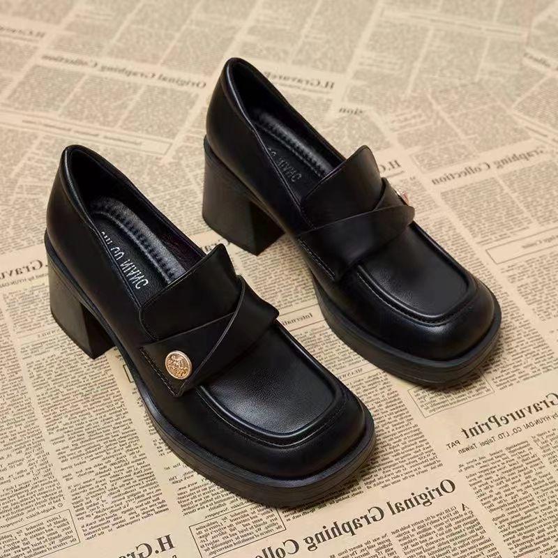 Women'S Fashion Thick Heel Single Boots Fall New Square Head Deep Mouth Metal Buckle Anti-Slip Wear-Resistant Low-Top Shoes