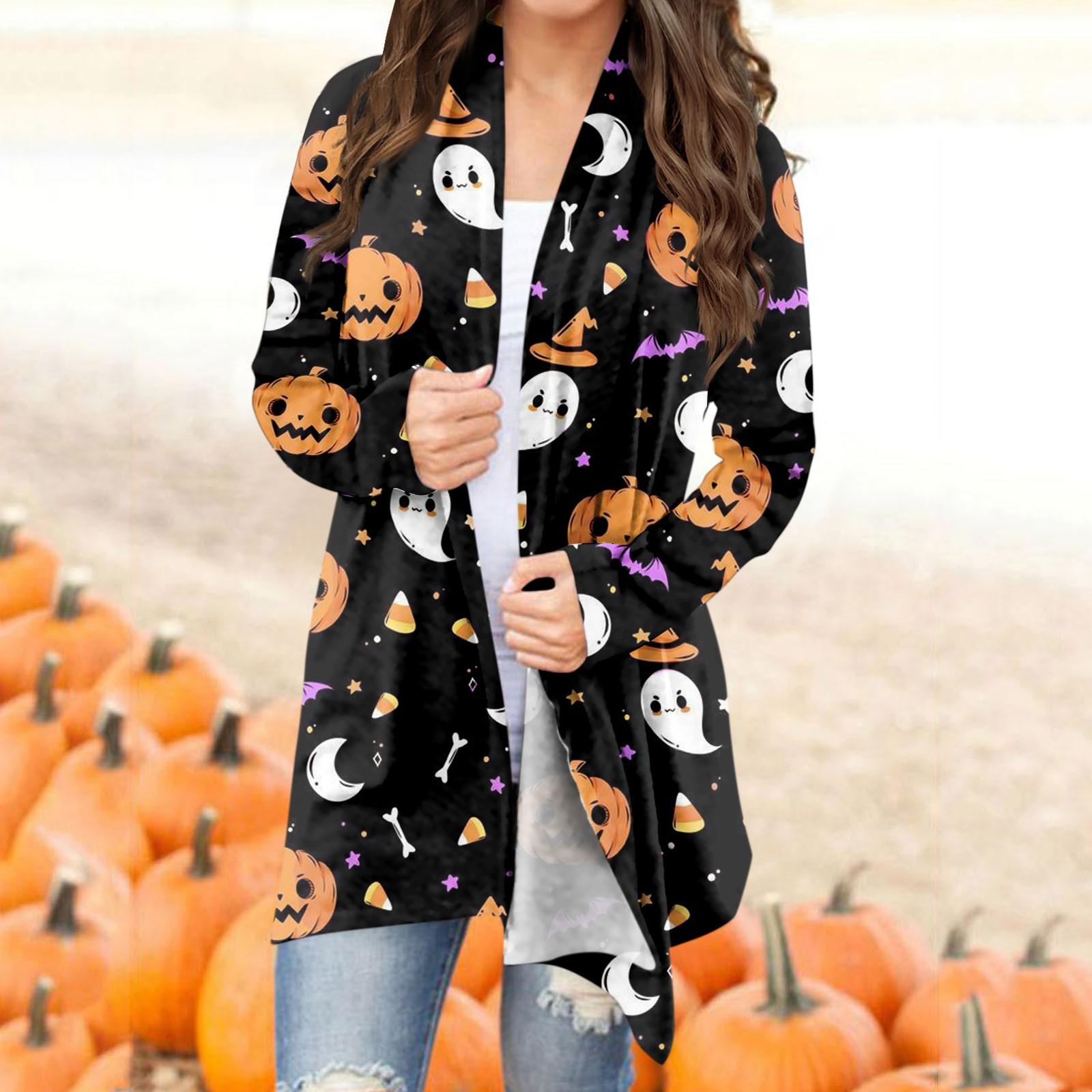 Women s Casual Cardigan Halloween Printed Long Sleeve Top Without  Pockets L чёрный