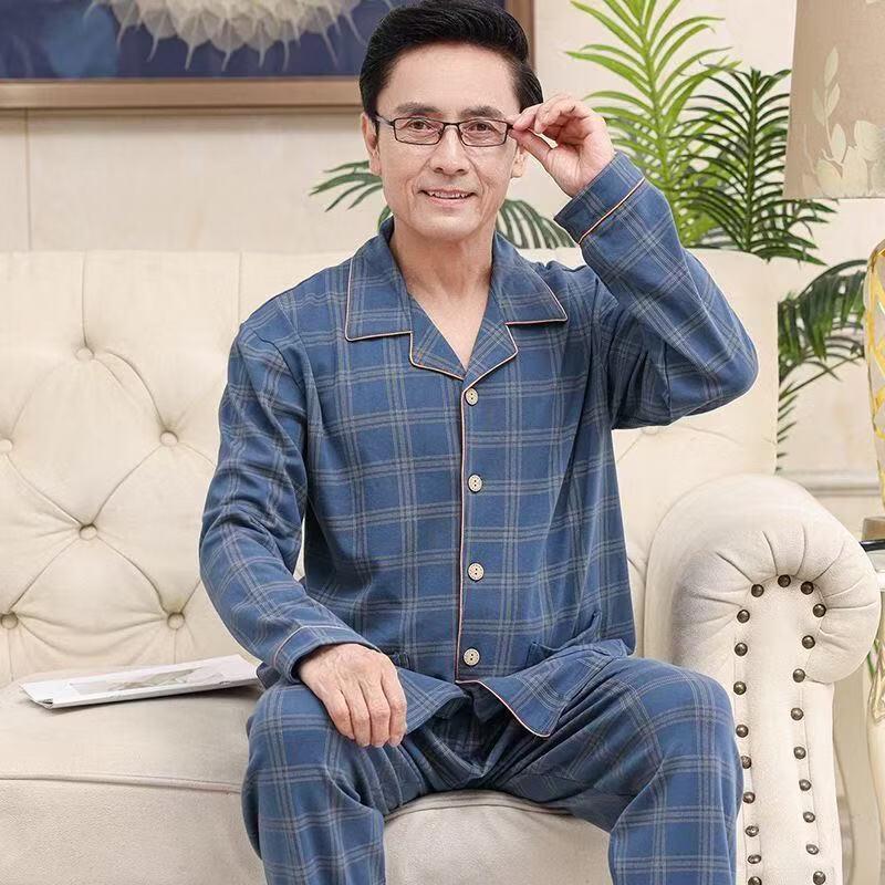Yu Zhaolin Men's Mid-Aged Long Sleeve Cotton Pajama Set