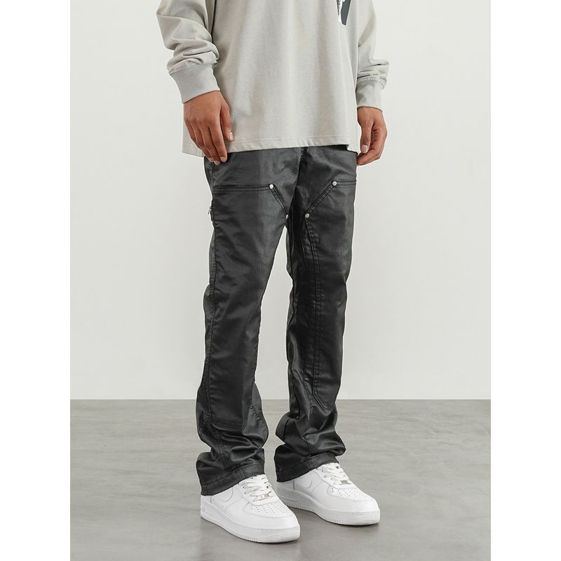 Black of Exit Heavy-Duty Patchwork Rivet Batik-Coated Micro-Flared Cargo Pants High Street Slim-Fit Long Pants for Men