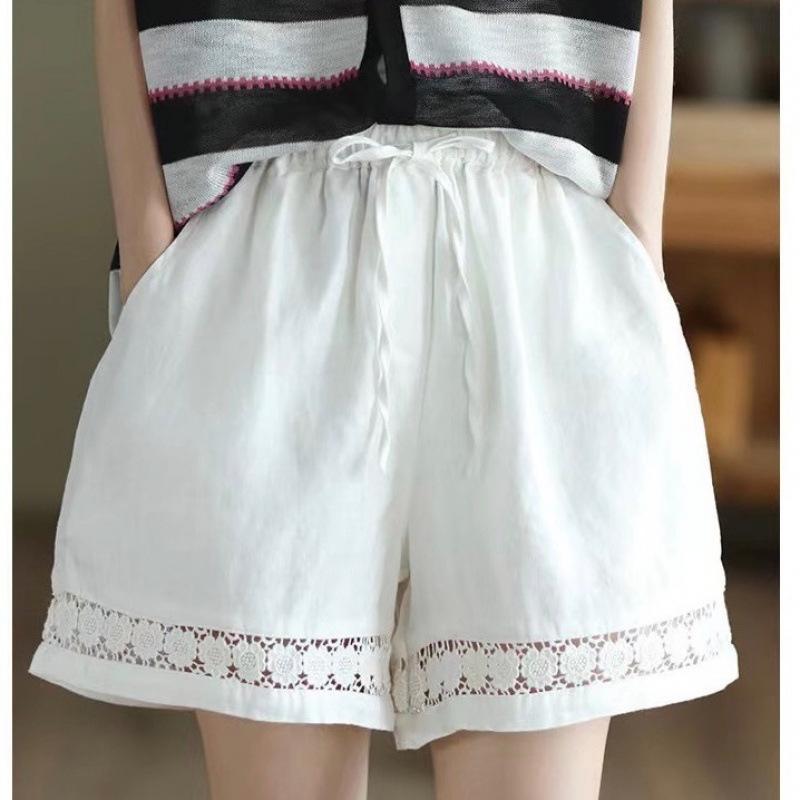Retro Linen Wide-leg Shorts Women s Summer Thin Elastic Waist Lace-up Hollow Lace Casual Cotton and Linen Straight Pants S