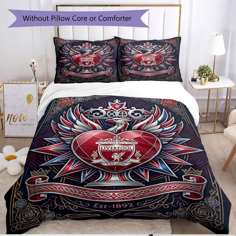 3-teiliges Bettbezug-Set (1 * Bettbezug + 2 * Kissenbezug, ohne Kern), Liverpool Football Club Druck Weiches Ganzjahres-Bettwäscheset, Heimschlafzimmer-Dekoration Geschenk