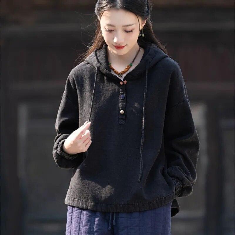 

Johnature женские винтажные толстовки с капюшоном, однотонные теплые осенние толстовки, пуловеры с длинными рукавами, толстовки One Size чёрный