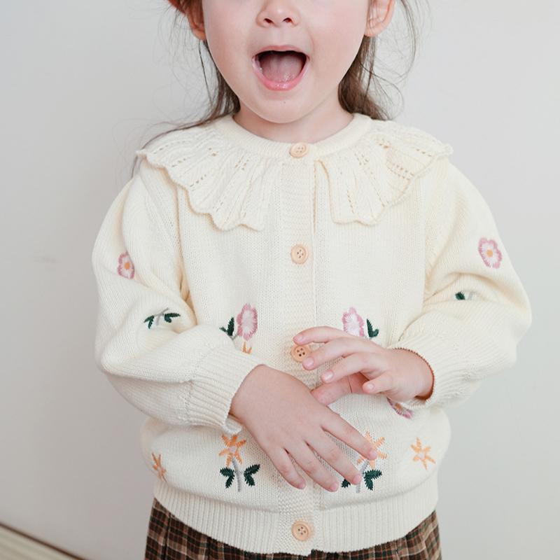 Korean Style Spring and Autumn Lapel Knitted Cardigan for Small and Medium-sized Children, Girls, Embroidery, Children's Sweater Jacket