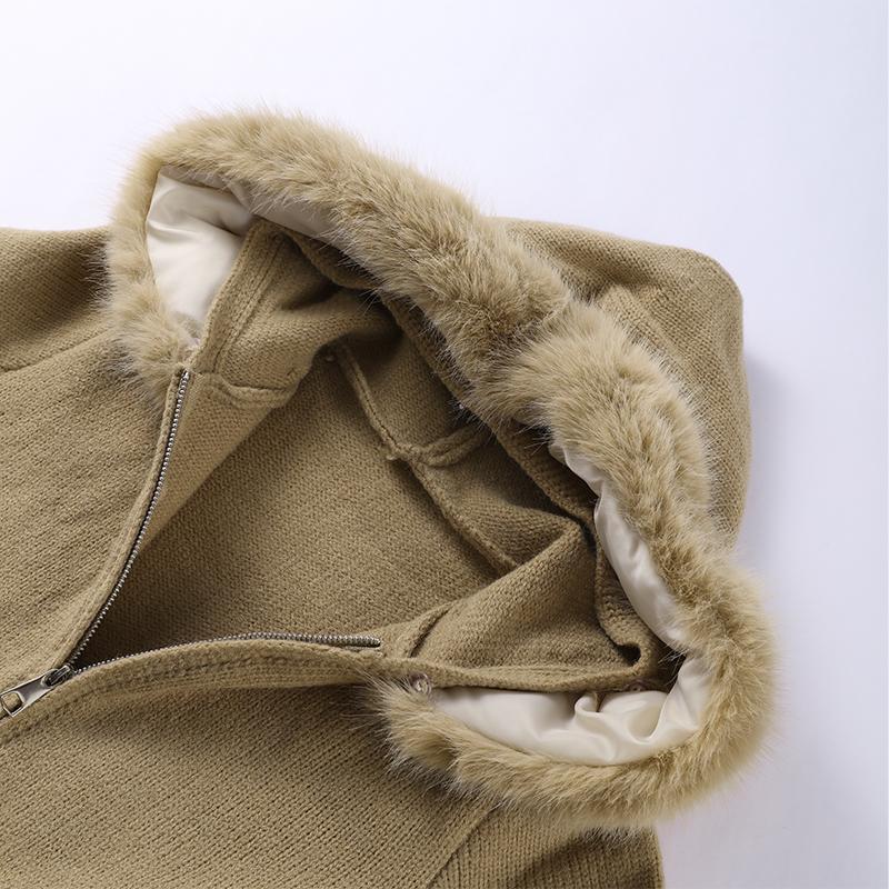 Long-sleeved Fur Collar Hooded Sweater Autumn and Winter Inner and Outer Wear Dual-purpose Ladies Solid Color Zipper Blouse Slim Knit Ladies Cardigan