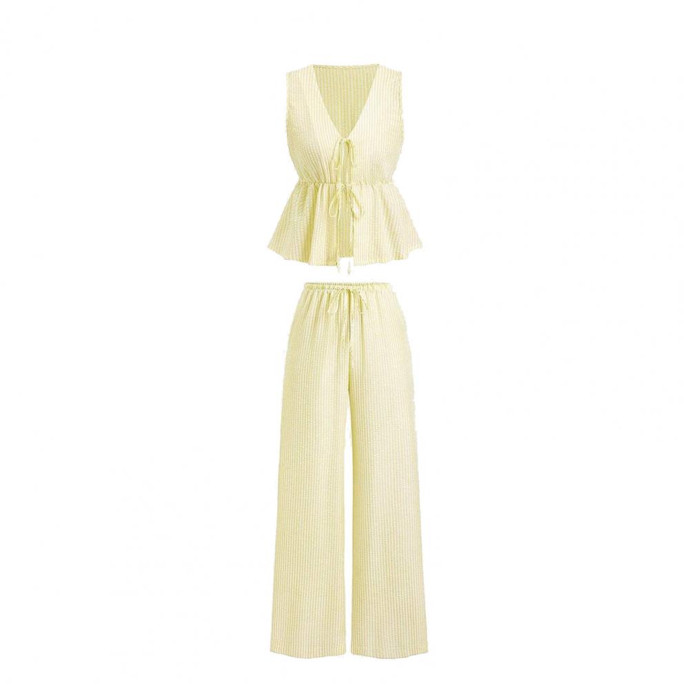 Women's Casual Sweet Set Summer Solid Color Striped Vest and Loose Pants Set with Lace-Up Closure