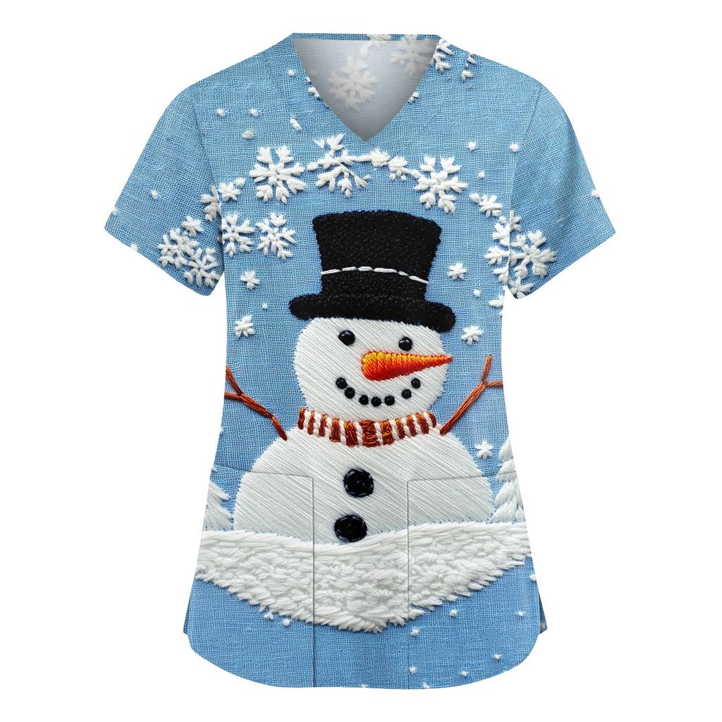 Women's Fashionable V-neck Workwear Christmas Printed Short Sleeved Pocket Side Slit Workwear Basic Pullover Top