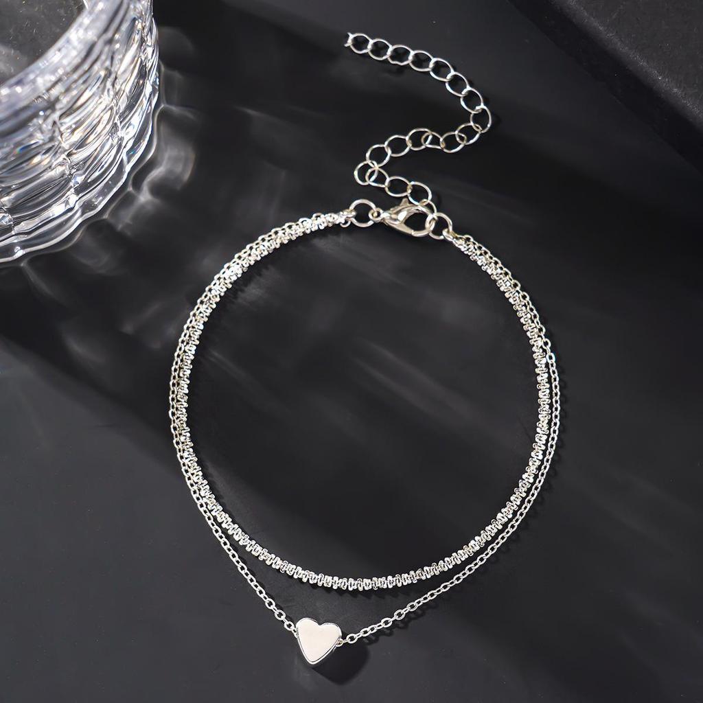 European-American Sparkling Double Layer Heart Pendant Anklet - Women's Multi-layer Beach Peach Heart Jewelry