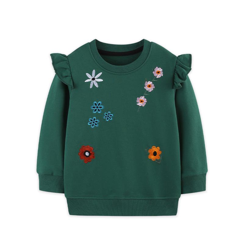 2025 Autumn European Style Girls Batwing Sleeve Hoodie with Cute Flower Print 4Y