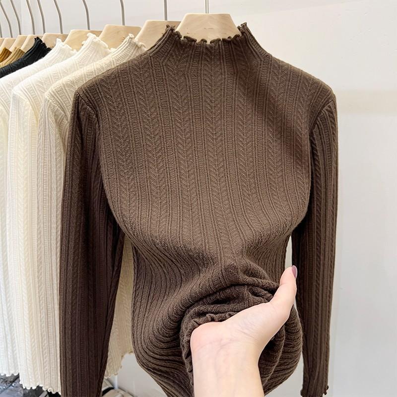 Wood-ear Edge Knitted Shirt Half Turtleneck Bottom Shirt Women in Autumn and Winter with Bottom Sweater Women's New Top