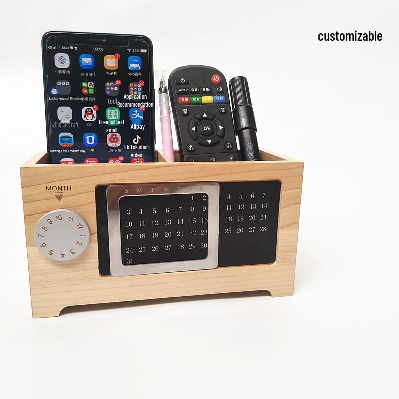 Available Solid Wood Desk Organizer: Perpetual Calendar & Pen Holder With Wooden Compartments and Chopstick Storage