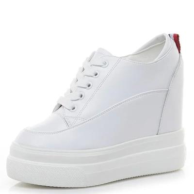 Sapatos Brancos Femininos de Couro Genuíno Tênis de Plataforma 11CM Moda Primavera Outono Mulher Sapatos Casuais Pretos de Aumento Mulher