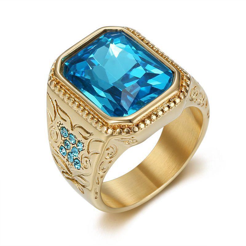 Hip Hop Iced Out Blue Square Ring Male Golden Color Stainless Steel Big Rapper Rings For Men Fashion Party  Gift