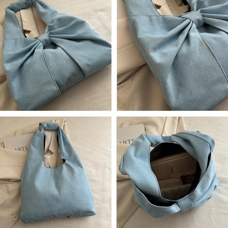 Sweet Bowknot Design Women's Denim Shoulder Bags Commuter Thread Ladies Handbags Casual Lightweight Female Underarm Tote Bag
