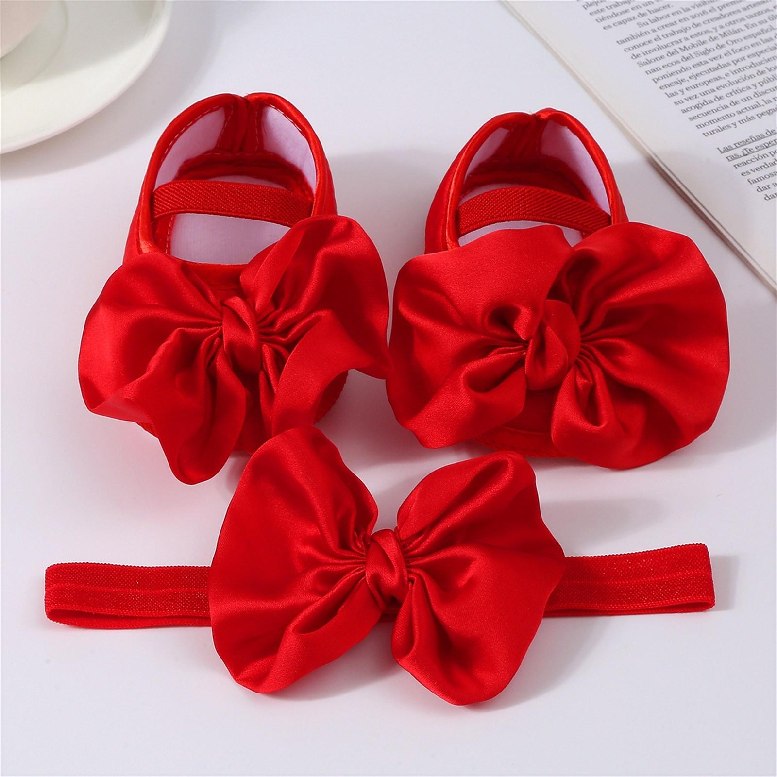 

Детские однотонные туфли + комплект с резинкой для волос с большим бантом на клею, мягкая нескользящая обувь для малышей S красный