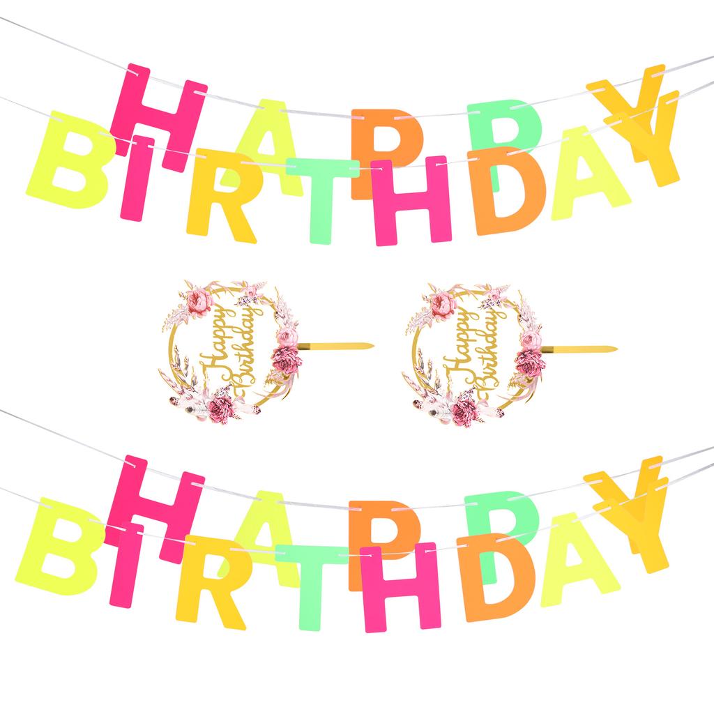 2 set födelsedagsbanderoll Dekoration Bokstavskort Blomma Akryl Tårtdekoration Festtillbehör