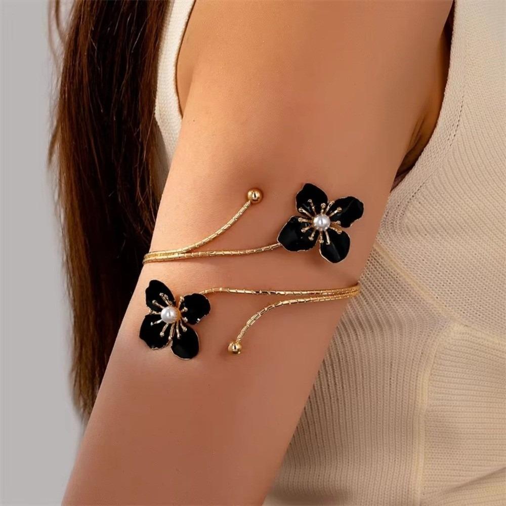 Elegant Floral Open Cuff Armlet Enamel Glaze Craft Open Arm Ring  For Women Girls