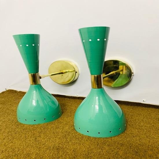Shiny Green Wall Sconce Pair 1950s Mid Century Brass Italian Diabolo Wall Sconce Light Fixture 2 Bulb Pair Custom