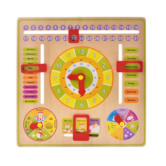 Kids Wooden Clock Toy Time Date Month Weather Season Preschool Learning Multi-function Portable Toddlers Early Educational Clock Toy