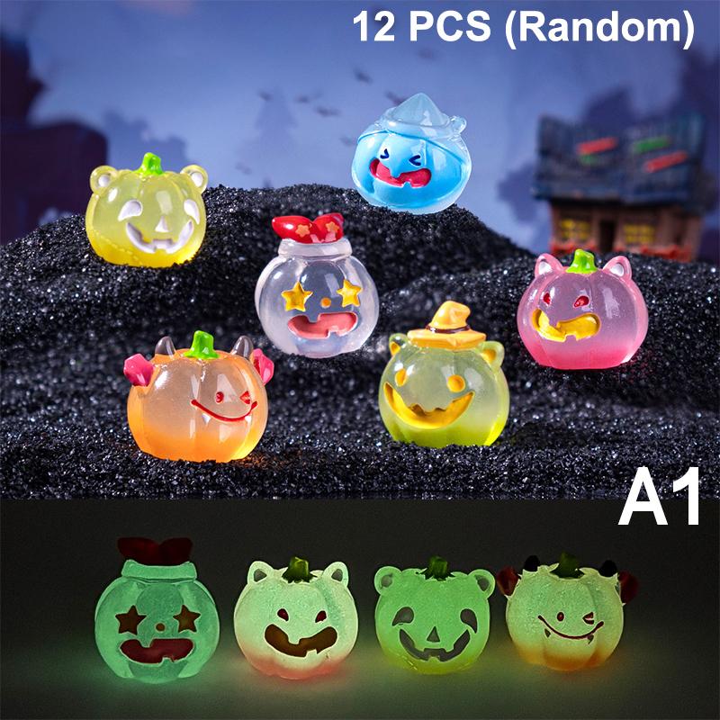 10-12pcs Halloween Resin Ghost Figures Luminous Pumpkin Ghost Ornaments Micro Landscape Desktop Decorations Party Gifts