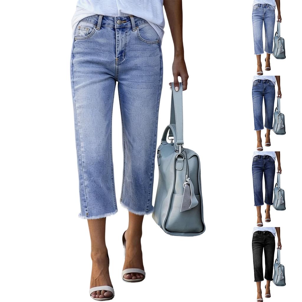 Pantalon Court Mode Taille Haute Classique Polyvalent en Denim pour Femmes