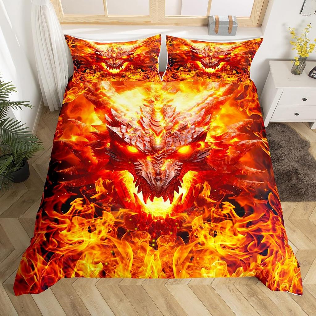 Fire Dragon Duvet Covers For Kids Teens Queen King Size Lightweight Quilt Covers Mythical Animals Pattern Bedding Set Room Decor
