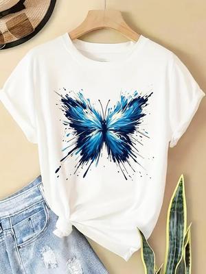 (Asian Size) Women Casual Short Sleeve T  Tee Top Clothing Shirt Fashion Sweet Butterfly Style Printed Lady Female Graphic T-shirts