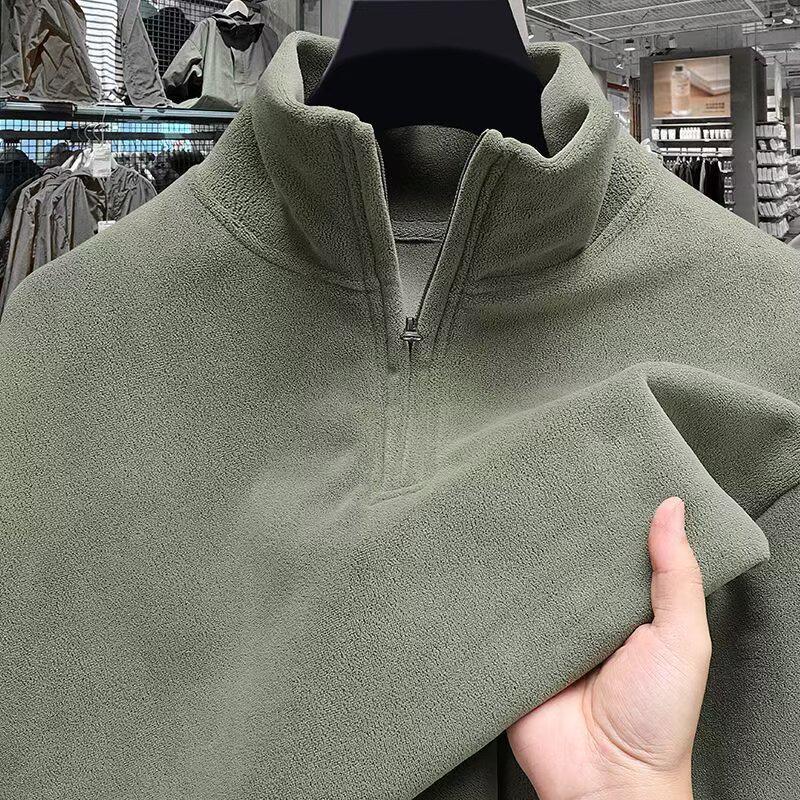 Autumn/Winter Men's Stand Collar Half-Zip Fleece Hoodie - European Size Double-Sided Warm Base Layer