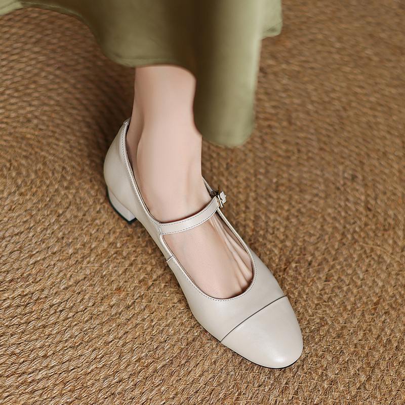 Krazing Pot Cow Skin Spring Summer Size 41 Thick Med Heels Women Round Toe Metal Buckle Straps Shallow Pink Color Pumps