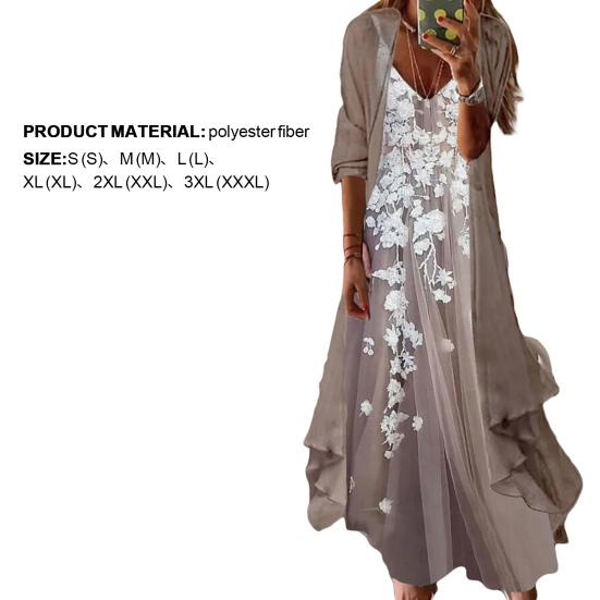 2Pcs/Set Dress Set V-Neck Large Hem Printed Summer Women Sling Design Dress Long