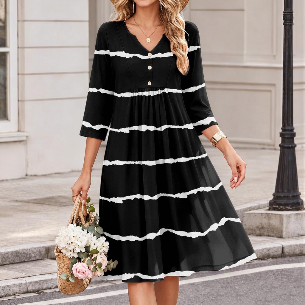 Damen Casual V-Ausschnitt Kleid mit Streifenmuster und 3/4 Ärmeln