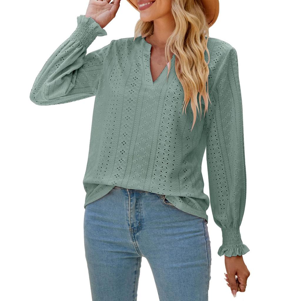 Women's Fashion Color Cut-out And Pleated Leaf Sleeve V Neck Loose Sleeve Top
