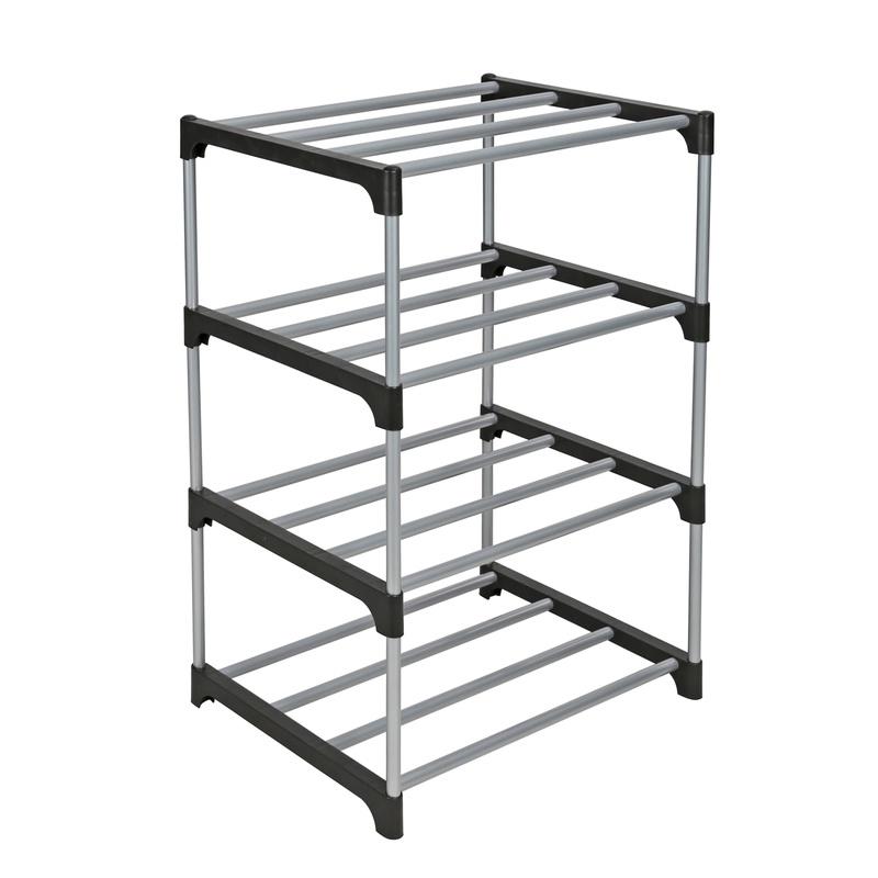 4 Tier Stackable Shoe Rack Holds 8 Pairs Metal Tube Plastic Connectors Durable Modular Storage Solution Closet Entryway Garage